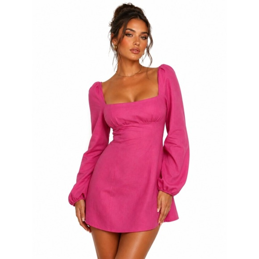 Princess Polly Hot Pink Linen Blend Square Neck Puff Sleeve Mini Dress